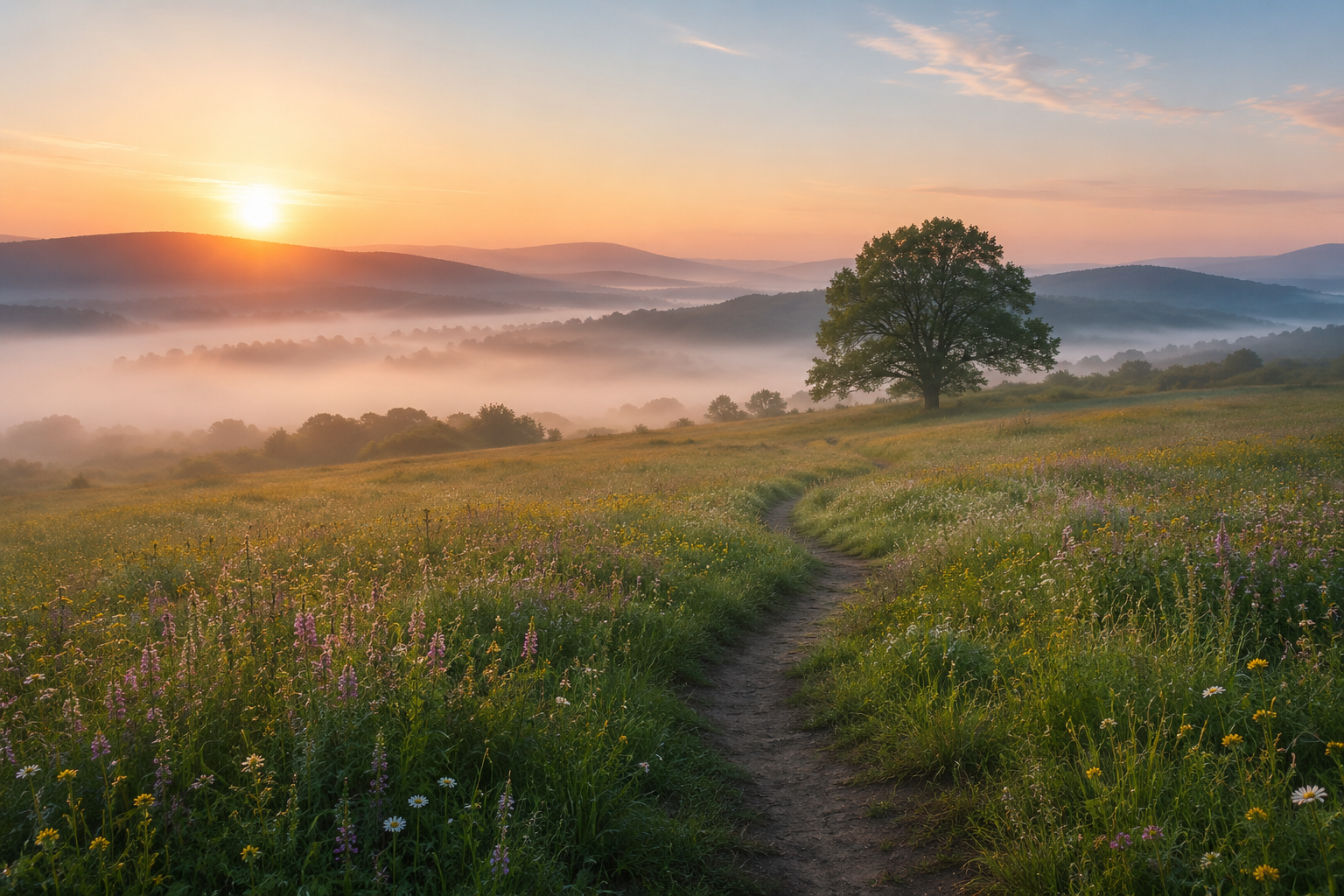 A lone tree in a misty meadow at sunrise